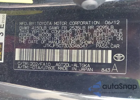 2013 Scion Tc from USA, damaged, VIN JTKJF5C73D3048047